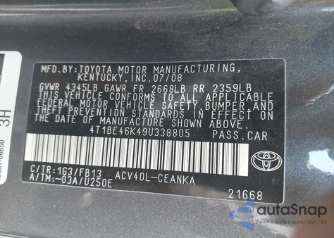 2009 Toyota Camry Le из США, поврежденный, VIN 4T1BE46K49U338805